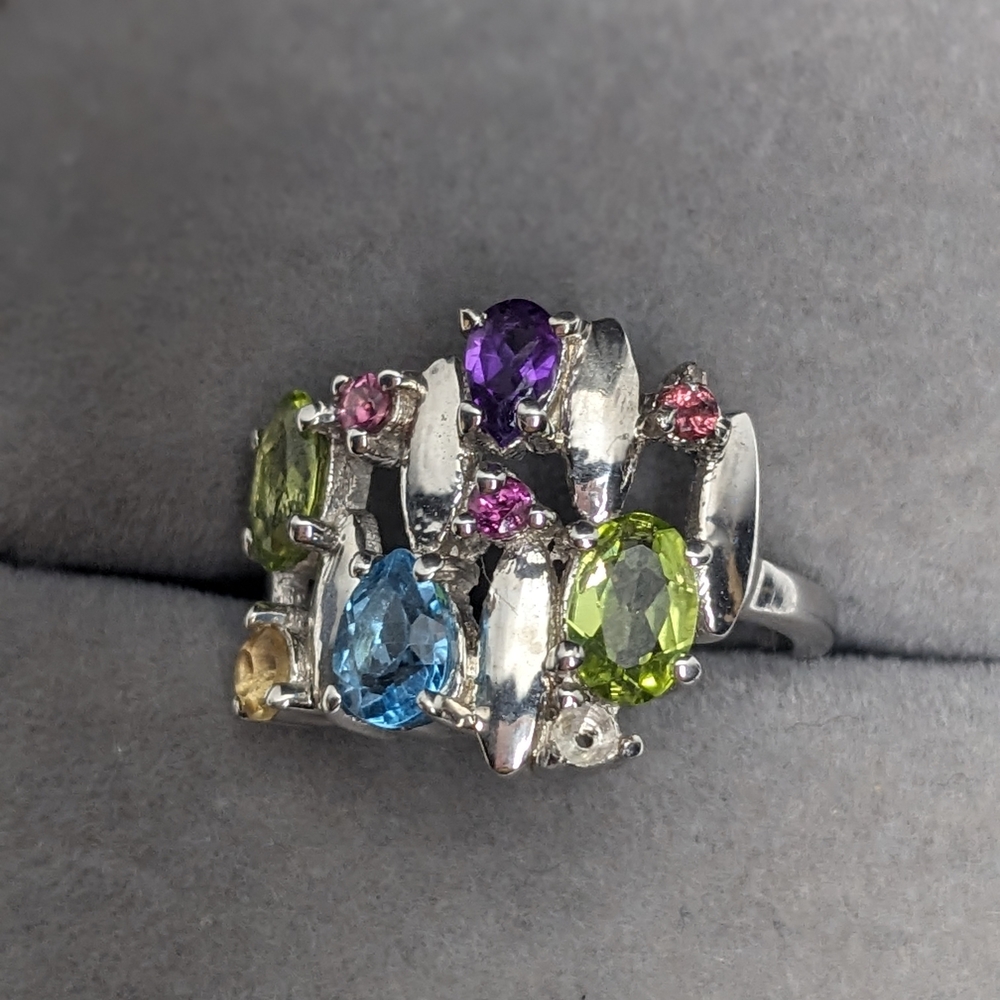 🆕 Sterling Silver Multicolour Gemstone Ring 2.65ct Rhodium Plated Size 5